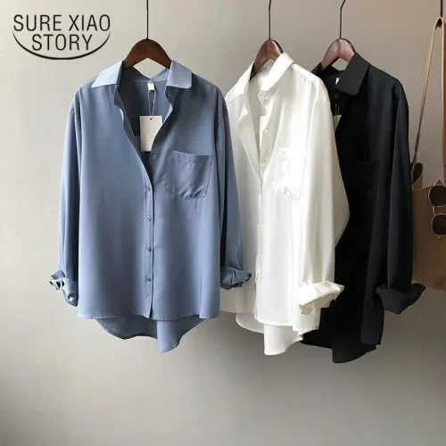 2025 Autumn Vintage Blouse Women Spring Long Sleeve Shirt Korean Style Loose Casual White Tops Solid Elegant Blusas All Match