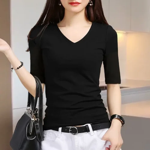 Autumn Winter Casual V-Neck Black Modal Middle Sleeve Top Women Seven-Point Sleeve Skinny Bottoming Shirt 2025 New T-Shirt