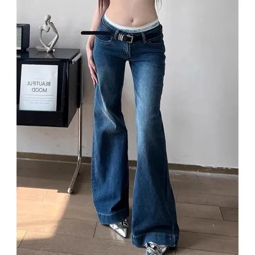 Sexy Slim Fit Low Rise Jeans Women Y2K Street Style Straight Leg Flare Pants Woman American Vintage Dark Blue Denim Long Jeans