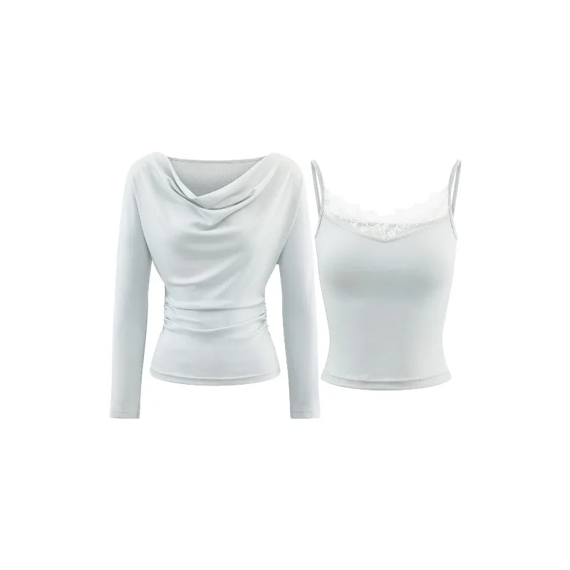 Women Draped Neck Long Sleeve T-Shirt Slim Fit Autumn Basic Top Casual Inner Layer Blouse Lightweight Lyocell Tee for Daily Wear - Image 2