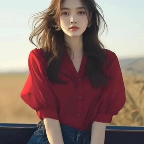 New Summer French Style Elegant High-End Red Lantern Sleeve Blouse