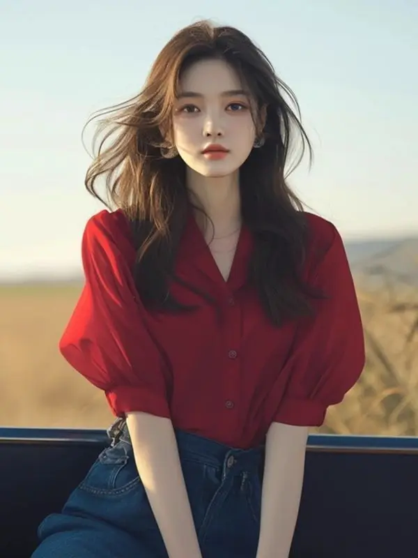 New Summer French Style Elegant High-End Red Lantern Sleeve Blouse