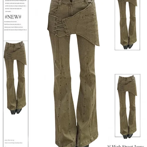 Autumn Winter Women Goblin Core Low Waisted Flare Denim Pants Patchwork Japanese Abi Y2k Harajuku Bell-Bottom Skinny Jean Grunge