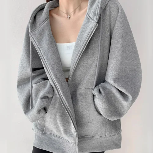 Women's early autumn hoodie jacket, 2025 spring and autumn new style, hooded cardigan, thin, loose, casual, sports, fleece-lined
