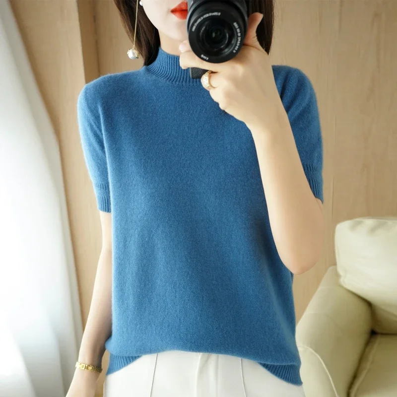 Spring Autumn Women Sweater Casual Warm Bottoming Shirts Mock Neck Basic Knitwear Short Sleeve Pullovers Korean Fashion Jumper - Image 6