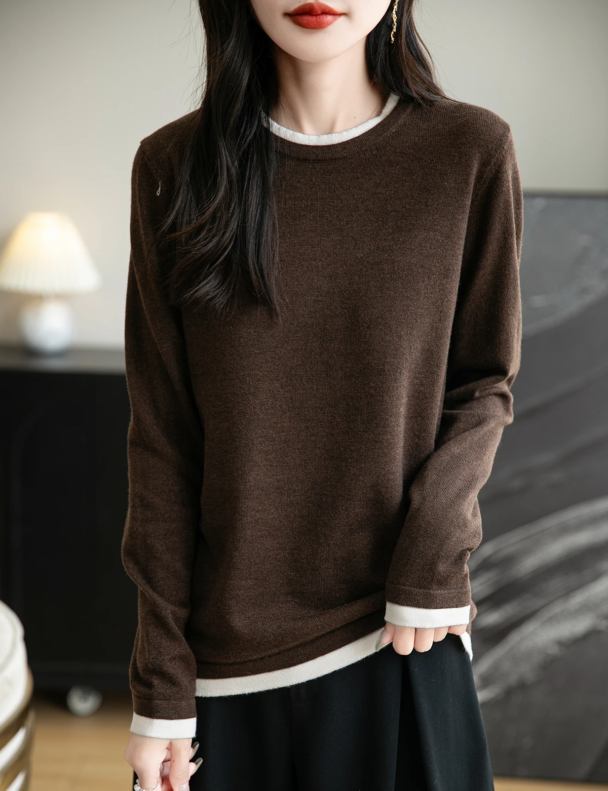 Top Women O Neck Thin T-Shirt Knit New Pullover Summer Spring Fashion Basic Long Sleeve Wool Fake Two Pieces Soft Woman Clothing - Image 2