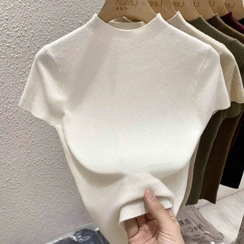 2025 Pullover Sweater Basic Layering Piece Thin Pullover Women Female Knitted Sweater Slim Short Sleeve Bodycon Sweater