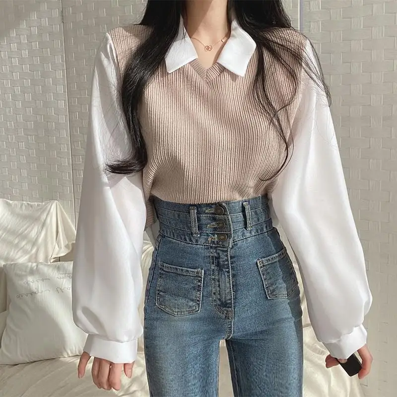False Two-piece Polo Collar Women's Blouse Spring Casual Korean Shirt Y2k Tops Streetwear Loose Female Pullovers Elegant Blouses - Image 3