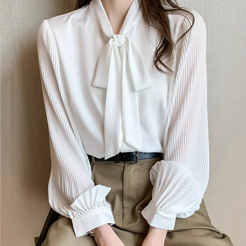 Elegant Bow Lace Up White Blouses for Women Chic Pleated Long Sleeve Shirt Woman Spring Summer Casual Office Wear Chiffon Blouse - Image 3