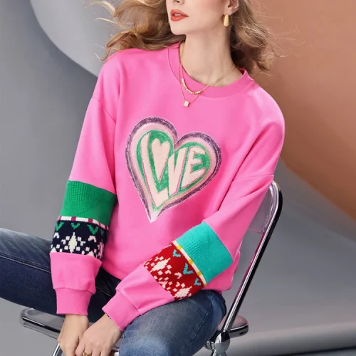 Women’s Pink Knit Patchwork Sweatshirt LOVE Graphic Pullover Casual Straight Fit Color Block Winter Warm Knitted Sleeve Top