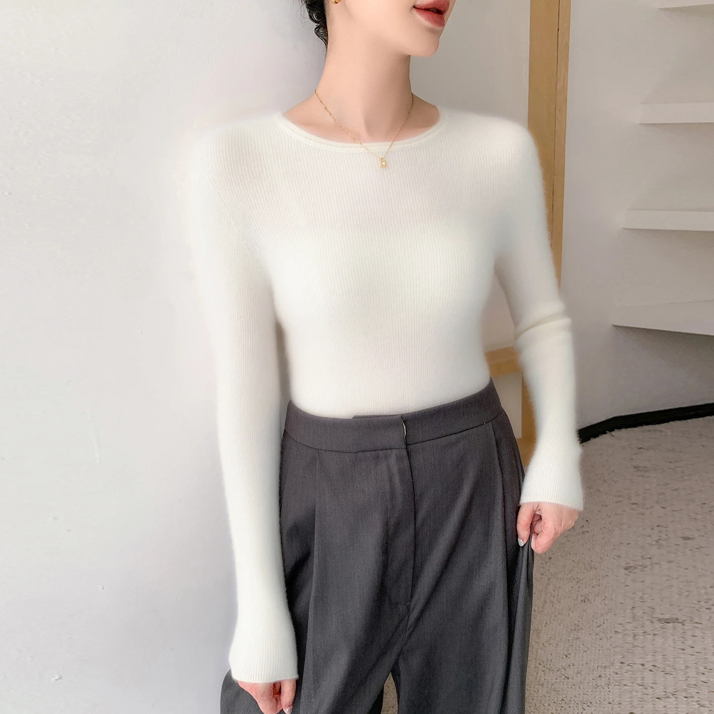 Autumn Winter O-neck 100% Pure Cashmere Pullover Sweater Women Soild Slim Fit Inner Knit Basic Long Sleeve Tops Soft Comfort - Image 3