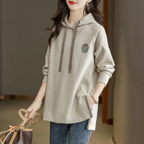 Y2K Autumn Winter Casual Split Long Sleeve Loose Pullover Hoodie Women Korean Fashion Embroidery Elegant Chic Hooded Sweatshirts