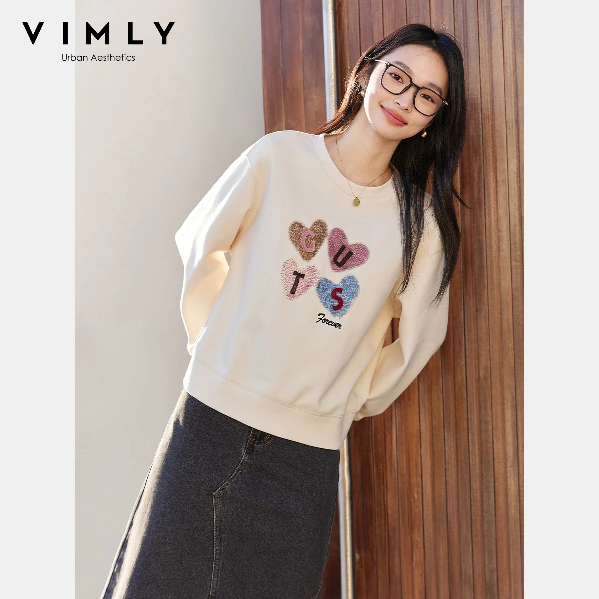 VIMLY Women's Graphic Sweatshirt 2025 Spring Autumn Letter Embroidered Loose Crew Neck Long Sleeve Top Woman Clothing A0399