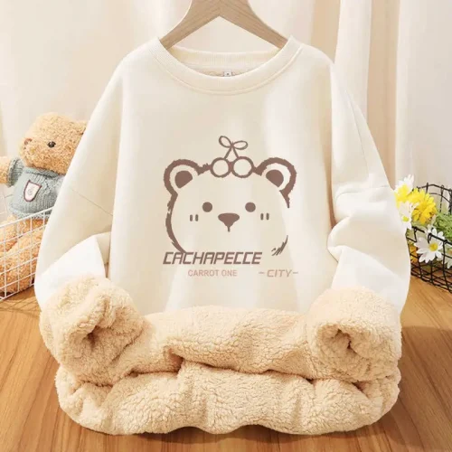 Woman Lamb's Wool O-neck Hoodie Cartoon Prints Thickened Warm Sweatshirts Streetwear Casual Unisex Skin-friendly Pullover Top
