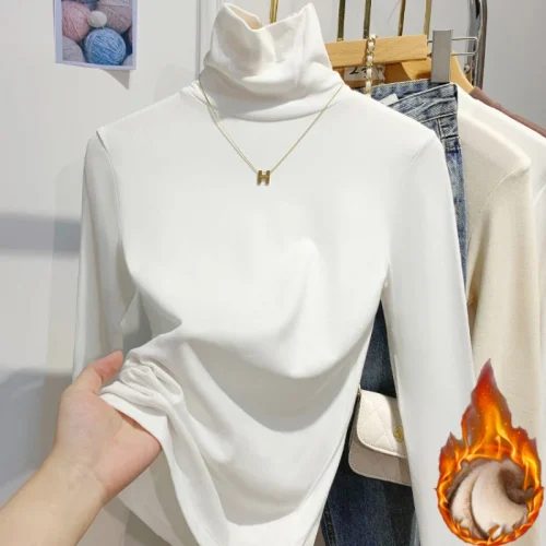 Turtleneck Long Sleeve Tshirt Women Autumn Winter Bottoming Tops Black Casual Slim Basic Velvet Heating Fiber Thermal T-Shirts