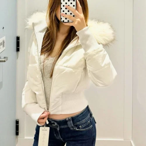 American retro pink fur collar hooded short cotton coat winter new slim all-match thick warm cotton coat