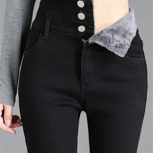 Winter Korean stytle Casual Jeans high waist Thick Fleece High-waist Warm Skinny Jeans Thick Women Stretch Harajuku Pencil Pants