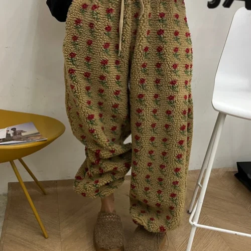 Korean Sle Floral Embroidery Lamb Fur Casual Pants Women's Winter New Warm Dstring Loose Versatile Long Trendy Trousers