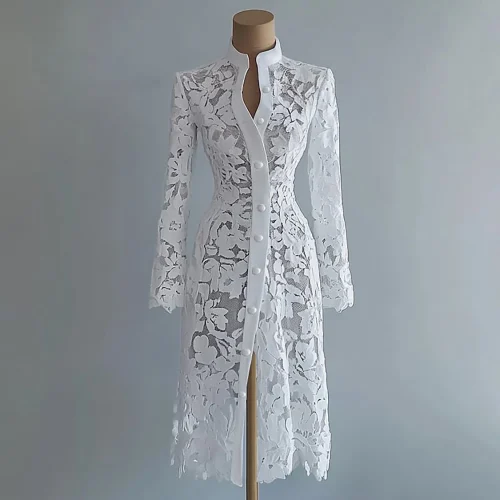 Women's Floral Lace Hollow Out Elegant Dress Solid Single-breasted Turtleneck Autumn Long Sleeve Cardigan Outwear Midi Dresses