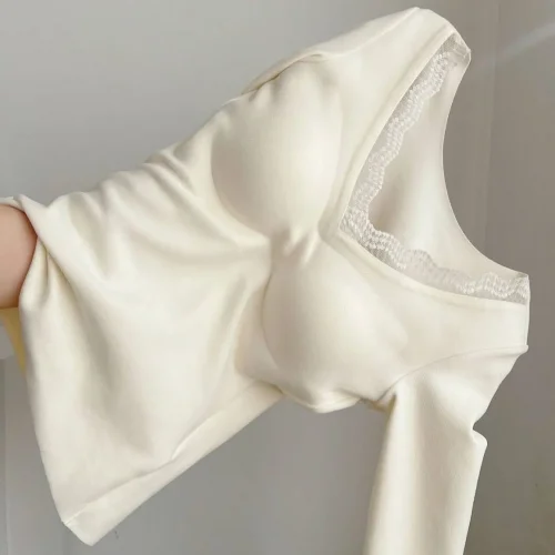 Lace Basic Top With Padding Bra Women V neck Warm Fleece Long sleeve T shirt Apricot White Lady Casual Blouse Underwear Tees
