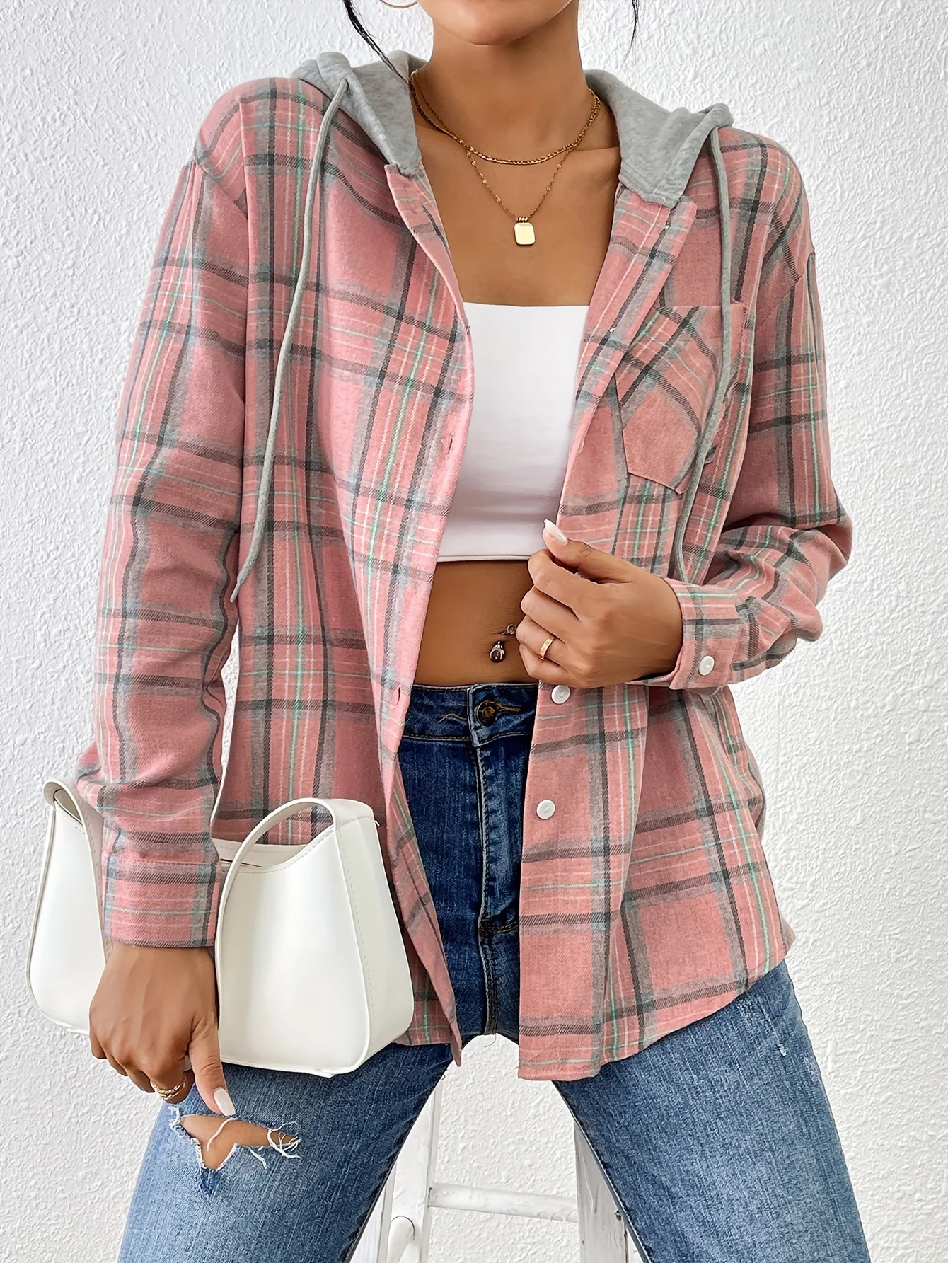 Spring Autumn Women Elegant Hooded Shirt Casual Plaid Loose Blouses Fashion Office Lady Long Sleeve Tops