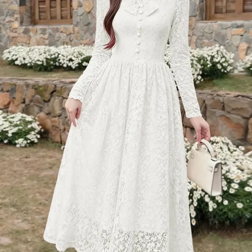 ZANZEA Women Elegant Embroidered Party Dress 2026 Spring Long Sleeve Lace Patchwork Dresses Stylish Waisted Slim Fit Bows Robe