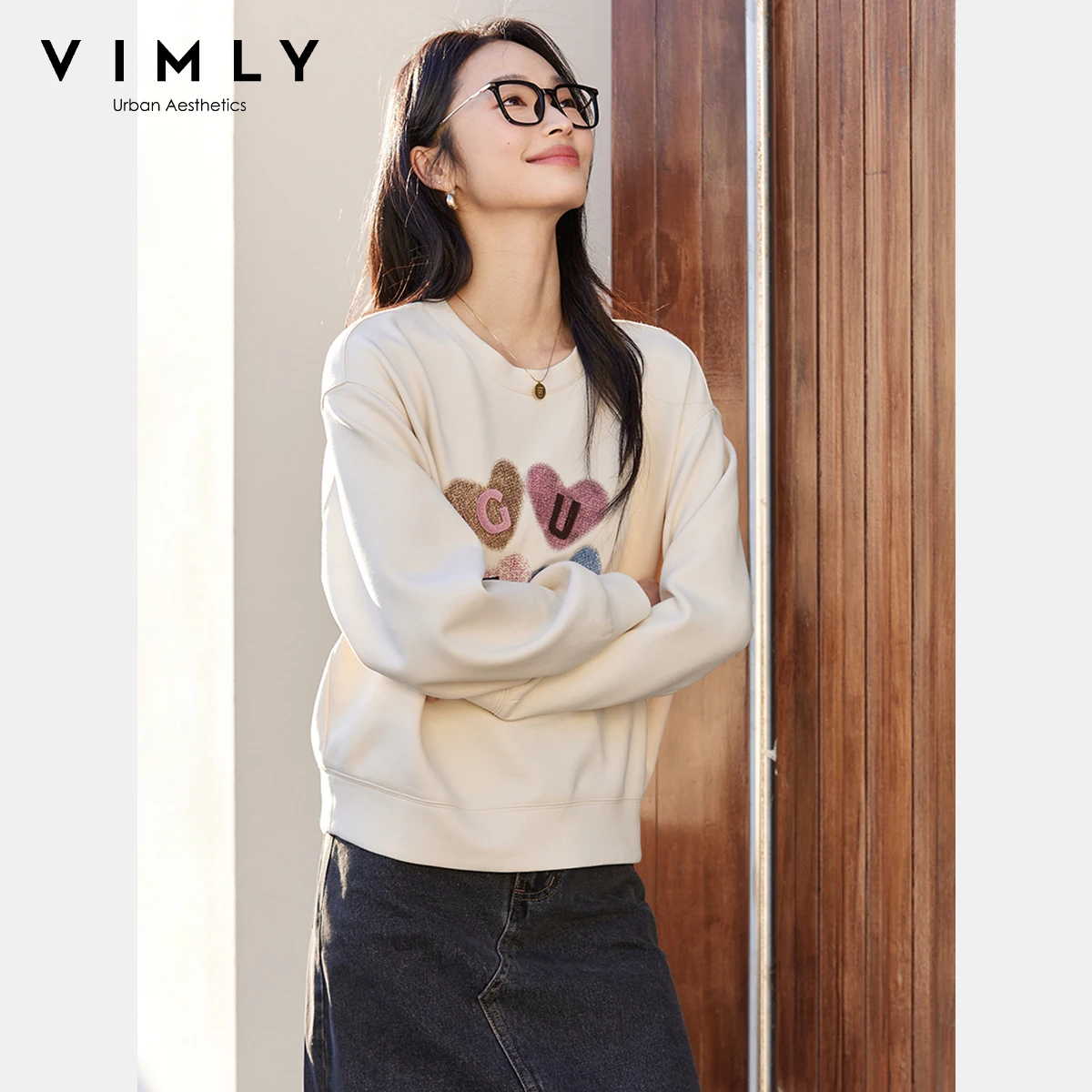 VIMLY Women's Graphic Sweatshirt 2025 Spring Autumn Letter Embroidered Loose Crew Neck Long Sleeve Top Woman Clothing A0399 - Image 3