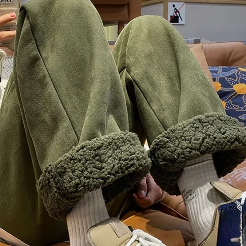 Women's Suede Thickened Straight Leg Pants Korean Style Wide Leg Autumn Winter New Student Fashion Casual Trousers