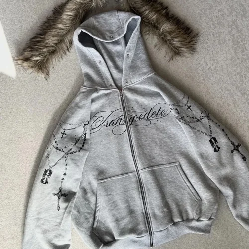 Winter Fashion Streetwear Women's Gothic Punk Faux Fur Hooded Jacket With Cross Print Trendy Edgy Zip - Up Sweatshirt 2025 New
