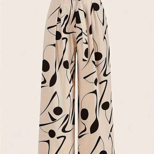 Ladies Abstract Print Belt Casual Wide Leg Pants Fashionable Loose Fit Trousers for Women