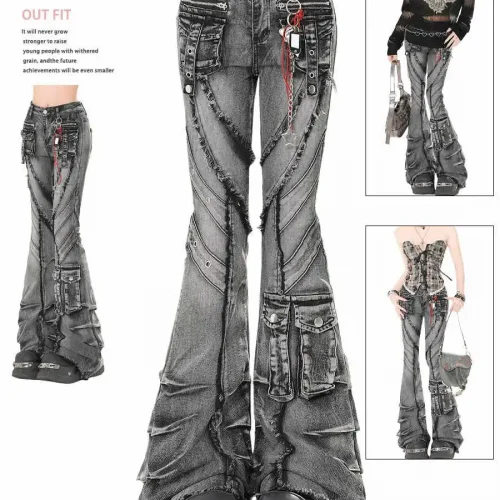 2025 Autumn Winter Women's Denim Pants Dark Academia Cargo Jean Flared Bell Bottom Designer Kpop Japanese Y2k 2000s Goblin Core