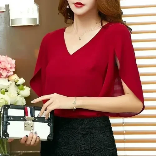 Women Chiffon Short Sleeve Shirt Sexy V-neck Loose Ruffled Chiffon Blouse.