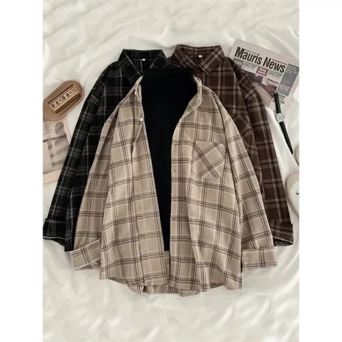 MEXZT Vintage Oversized Plaid Shirts Women Streetwear Long Sleeve Blouses Harajuku Korean Pocket Loose Casual All Match Tops New