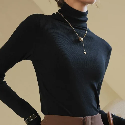Basic Long Sleeve Turtleneck Sweater for Women Autumn Winter Solid Color Bottom Pullovers Woman All Match Slim Fit Jumper Female