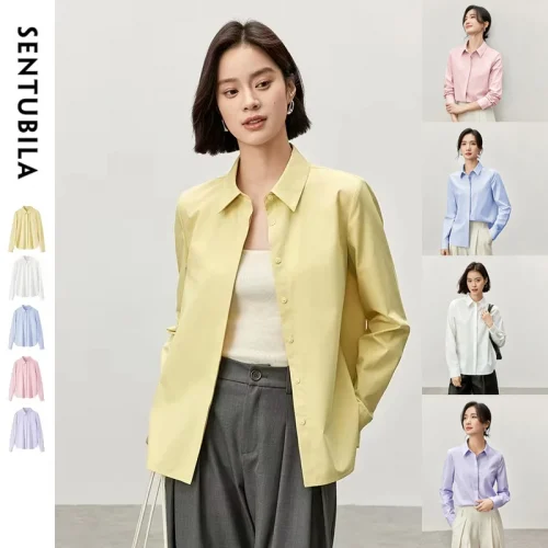 SENTUBILA Women Casual Cotton Shirt 2025 Office Lady Loose Comfort Turn Down Collar Single Breasted Shirts & Blouses 143C56999