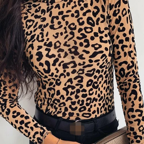 Women Blouses Fashion Leopard Print Turtle Neck Blouse Autumn Long Sleeve Shirts Party Ladies Clothes Womens Blouses And Tops