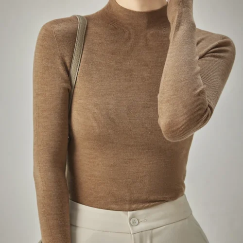 Luxury 100% Merino Worsted Wool Sweater Autumn Winter Women Mock Neck Slim Knitwear Pullover Long Sleeve Cashmere Clothing Tops