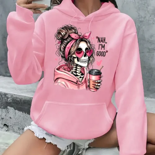 Autumn Winter Women Hooded Hoodie Halloween Skull Portrait Skeleton Graphic Print Pullovers Clothing Vintage 2000s Sweatshirts