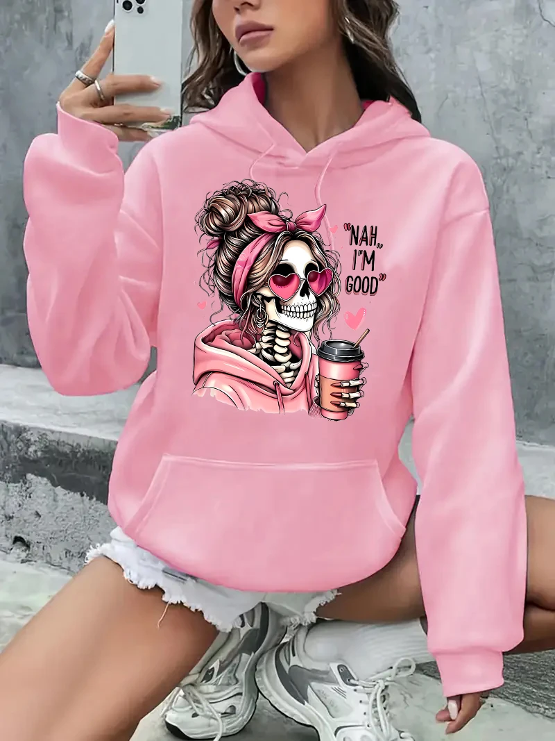 Autumn Winter Women Hooded Hoodie Halloween Skull Portrait Skeleton Graphic Print Pullovers Clothing Vintage 2000s Sweatshirts