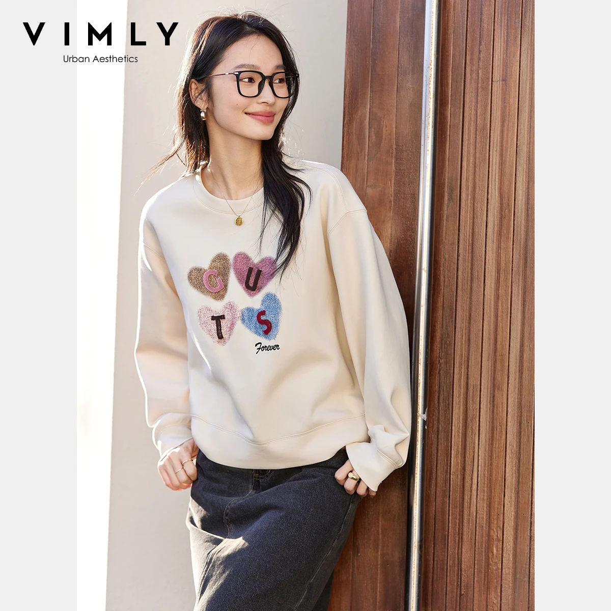 VIMLY Women's Graphic Sweatshirt 2025 Spring Autumn Letter Embroidered Loose Crew Neck Long Sleeve Top Woman Clothing A0399 - Image 2