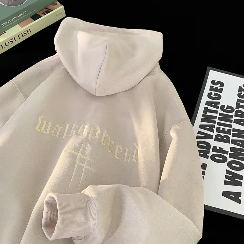 Mens Suede Hoodies Fall Winter Sweatshirt American Vintage College Style Hooded Sweatshirt Fashion Street Trend Clothing - Image 5