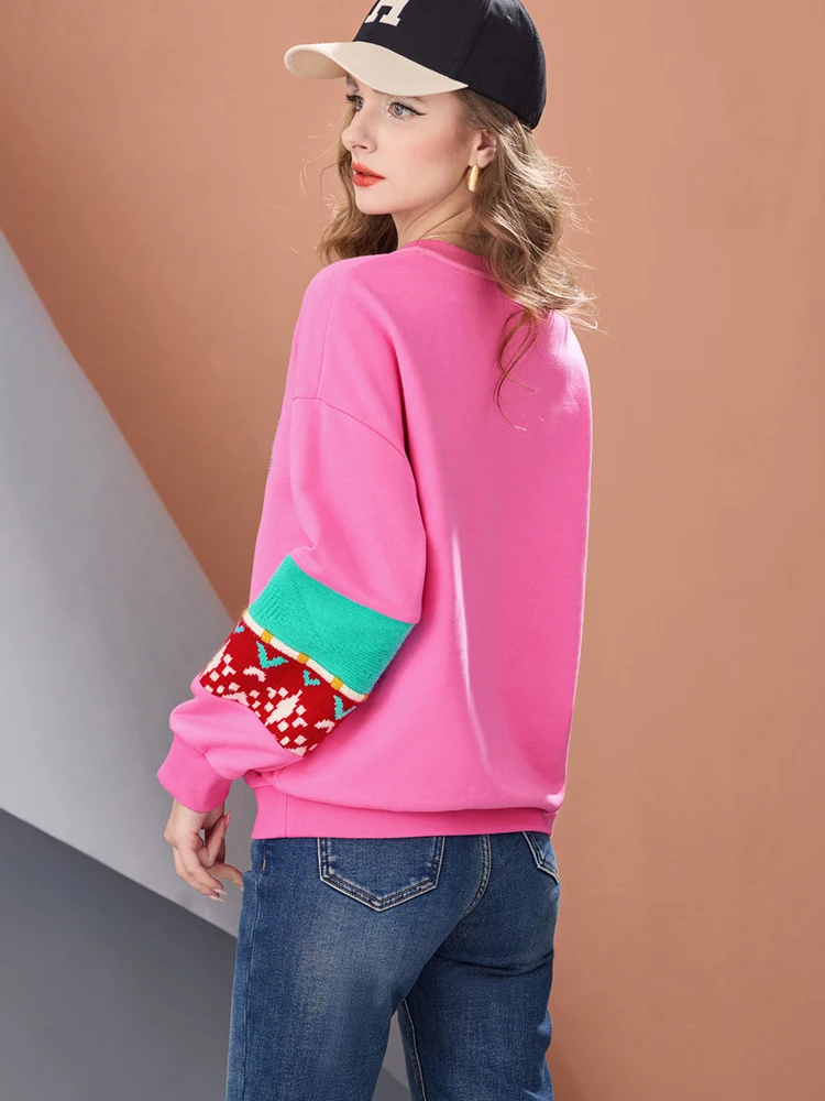 Women’s Pink Knit Patchwork Sweatshirt LOVE Graphic Pullover Casual Straight Fit Color Block Winter Warm Knitted Sleeve Top - Image 6