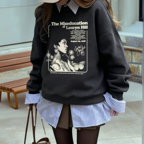 Women's Loose Fit Graphic Sweatshirt with Lauryn Hill Print, Casual Autumn Winter Top