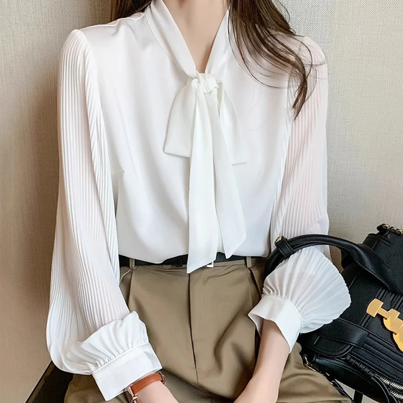 Elegant Bow Lace Up White Blouses for Women Chic Pleated Long Sleeve Shirt Woman Spring Summer Casual Office Wear Chiffon Blouse - Image 2