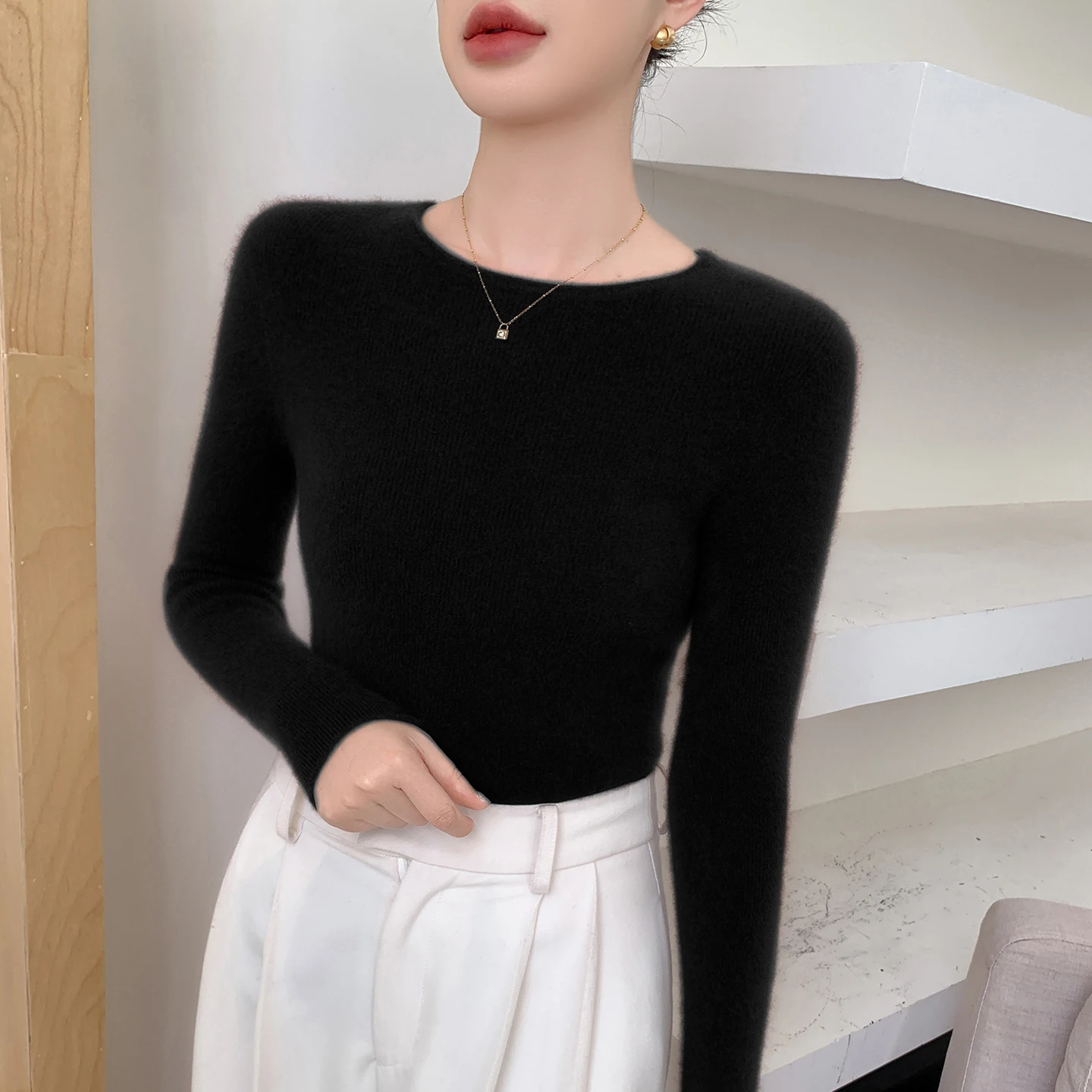Autumn Winter O-neck 100% Pure Cashmere Pullover Sweater Women Soild Slim Fit Inner Knit Basic Long Sleeve Tops Soft Comfort - Image 2