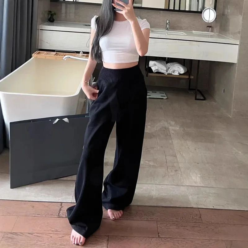 Women High Waist Knit Patchwork Fleece Lined Wide Leg Stacking Pants Elegant Slim Fit Winter Trousers Old Money Style Warm - Image 6