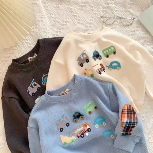 Hoodies & Sweatshirts Children Pullover Hoodie Long Sleeve Casual Top with Car Embroidery Design for Toddlers 2 Years Old and Up