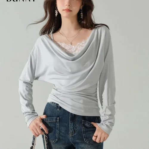 Women Draped Neck Long Sleeve T-Shirt Slim Fit Autumn Basic Top Casual Inner Layer Blouse Lightweight Lyocell Tee for Daily Wear