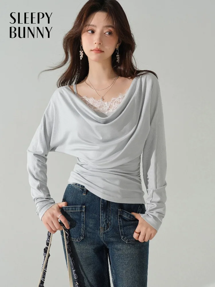 Women Draped Neck Long Sleeve T-Shirt Slim Fit Autumn Basic Top Casual Inner Layer Blouse Lightweight Lyocell Tee for Daily Wear