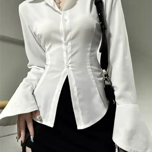 Sexy Slim Flared Sleeve Women's Shirt Solid Lapel Single-breasted Back Bandage Tunic Female Blouses Spring Trend New Lady